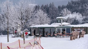 A snow-covered outdoor seating area with tables and chairs, a covered structure with a chimney, and a forested mountain backdrop. - Berghotel Maibrunn (Sankt Englmar)