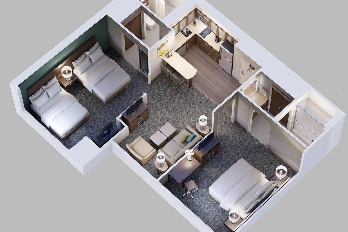 Een 3D-plattegrond van een hotelkamer met twee bedden, een bureau, een badkamer en een kitchenette.