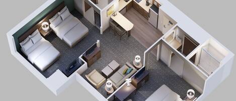 A 3D layout of a hotel room with two beds, a desk, a bathroom, and a kitchenette.