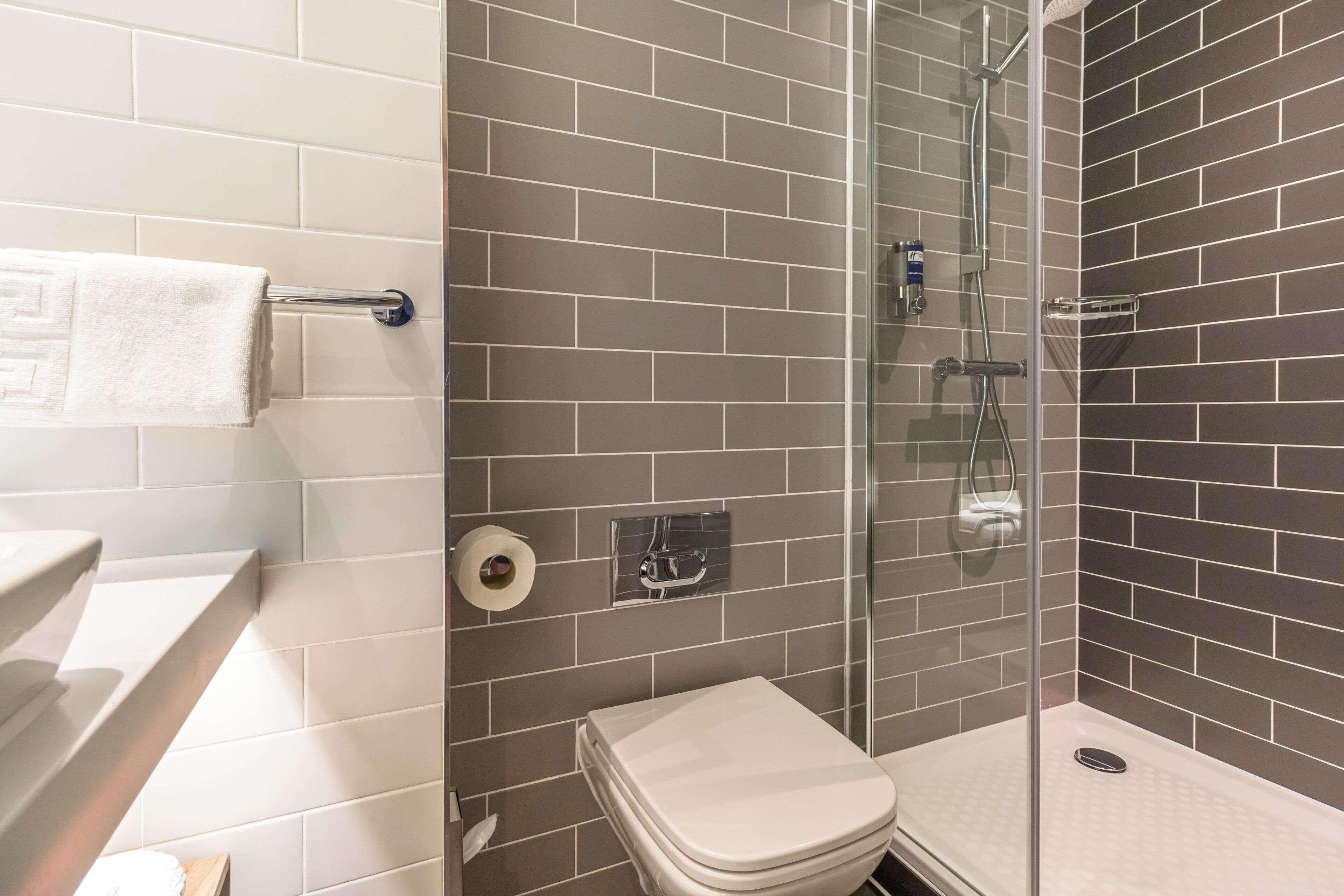 A bathroom with a glass-enclosed shower, a toilet, and a towel rack.