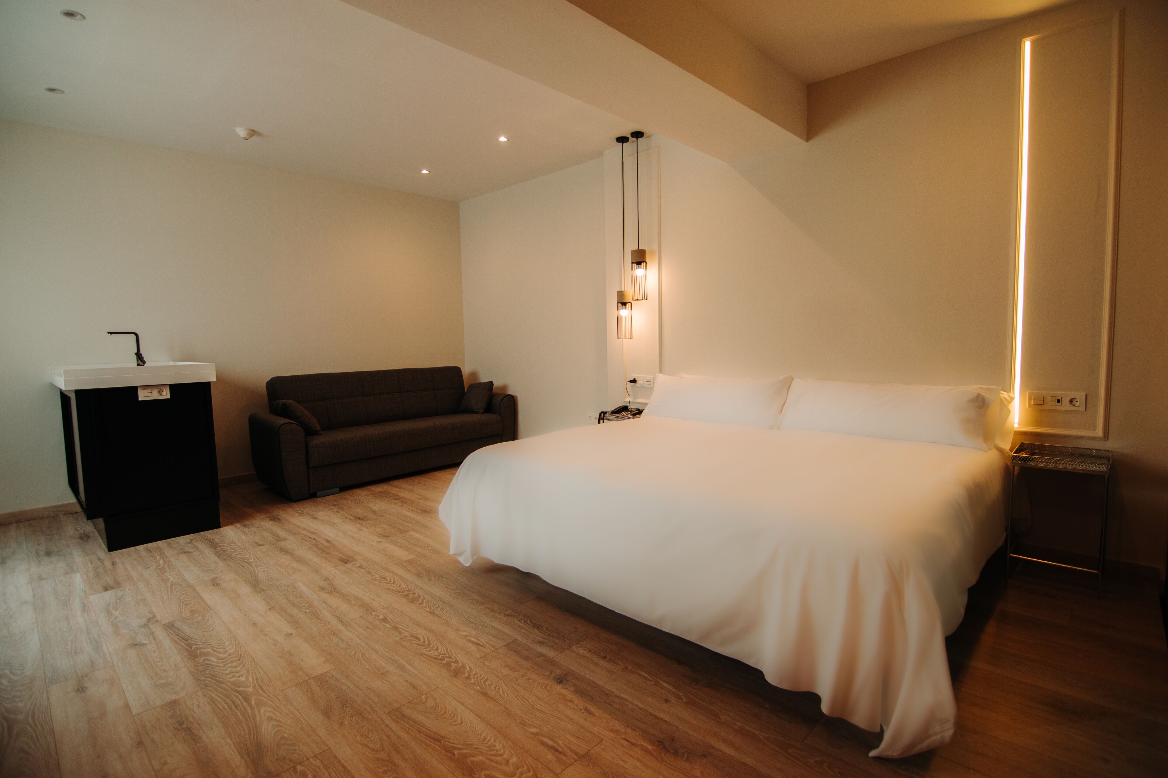 Ein Schlafzimmer mit einem Bett, einem Schlafsofa, einem Nachttisch und einem kleinen Schrank.