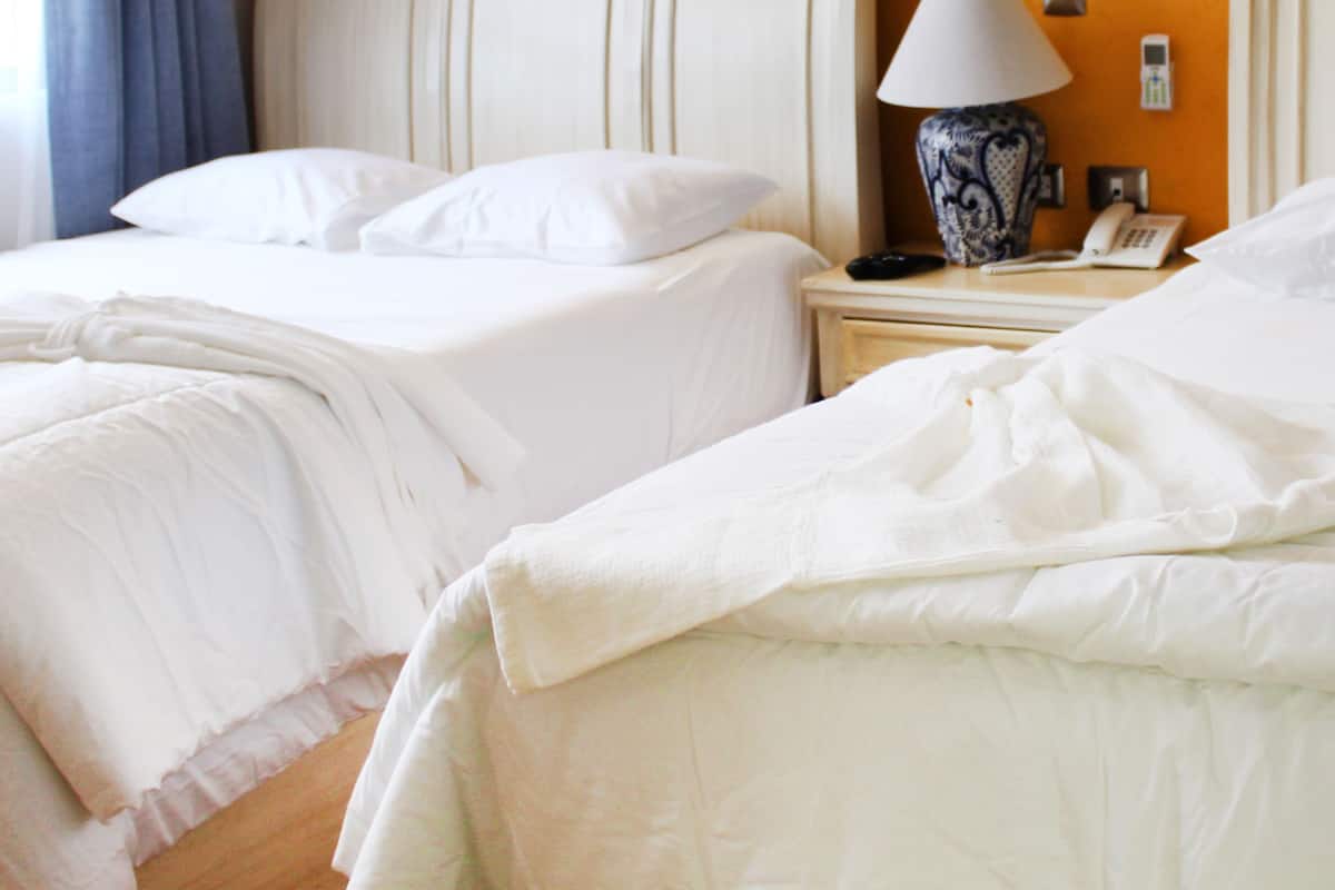 Two single beds with white linens, a bedside table with a lamp, and a phone.
