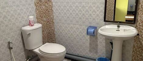 A bathroom with a toilet, sink, and mirror.