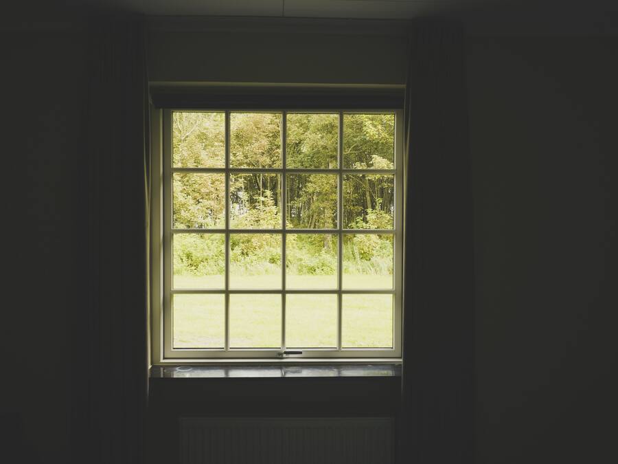 A window with a view of a forest.