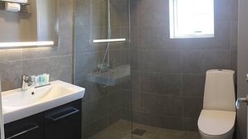 A modern bathroom with a glass-enclosed shower, a white sink with toiletries, and a toilet.