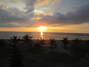 Una puesta de sol sobre una playa con palmeras y un mar tranquilo.