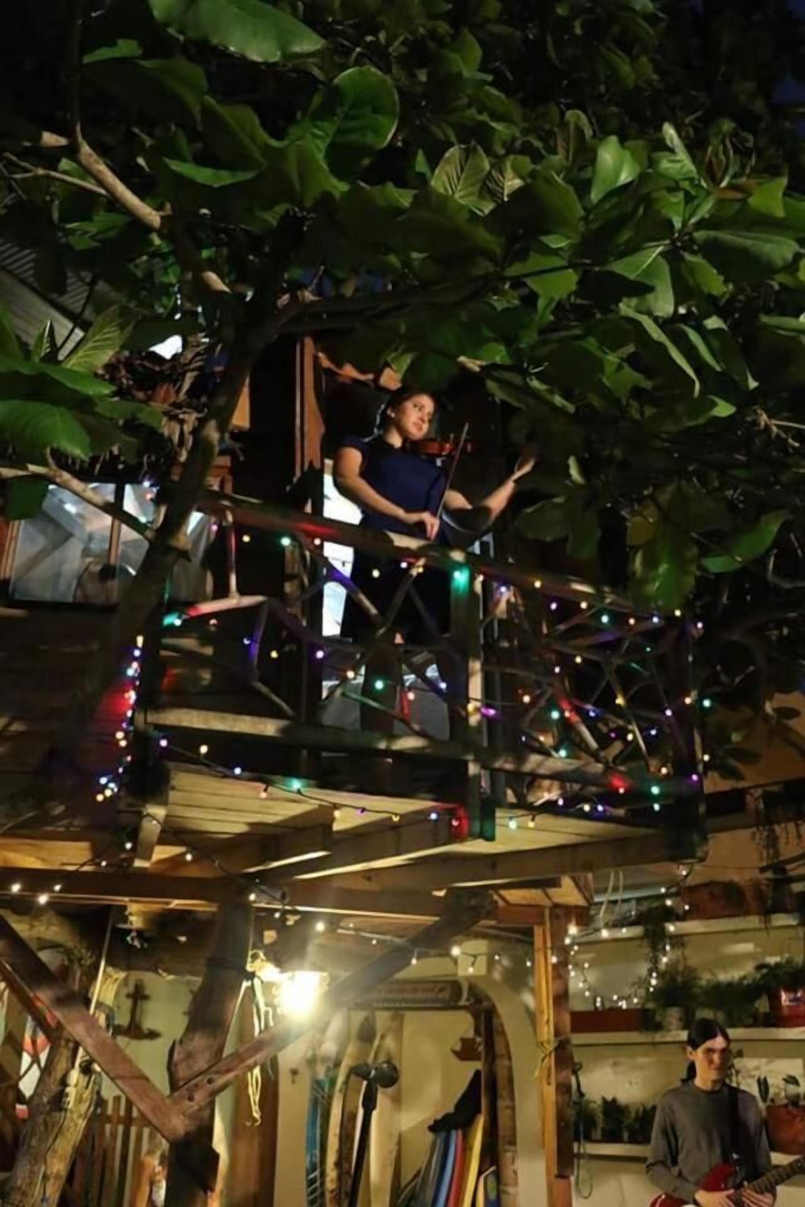 A treehouse with a person playing a violin, surrounded by greenery and string lights.