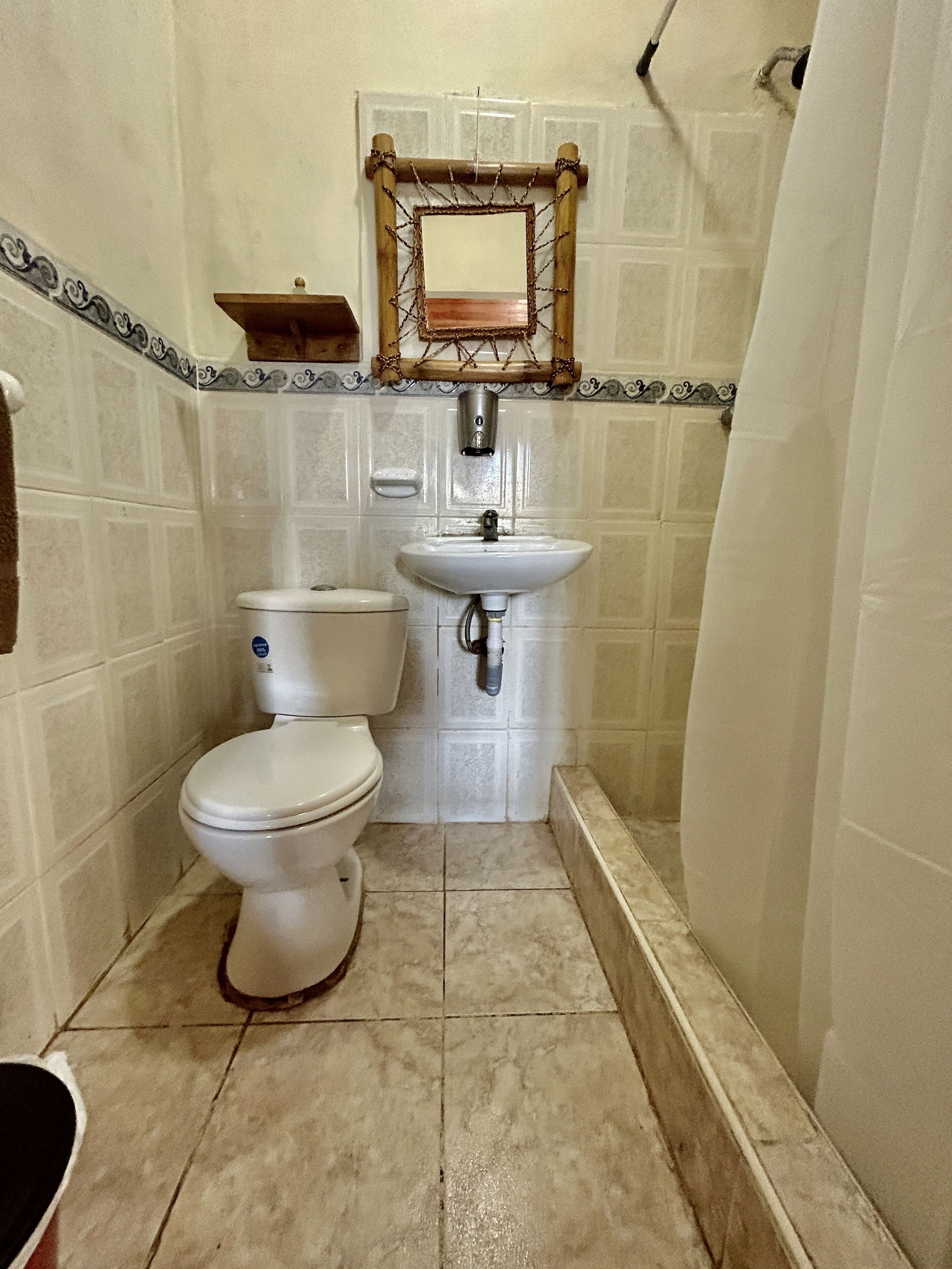 A small bathroom with a toilet, sink, and shower.