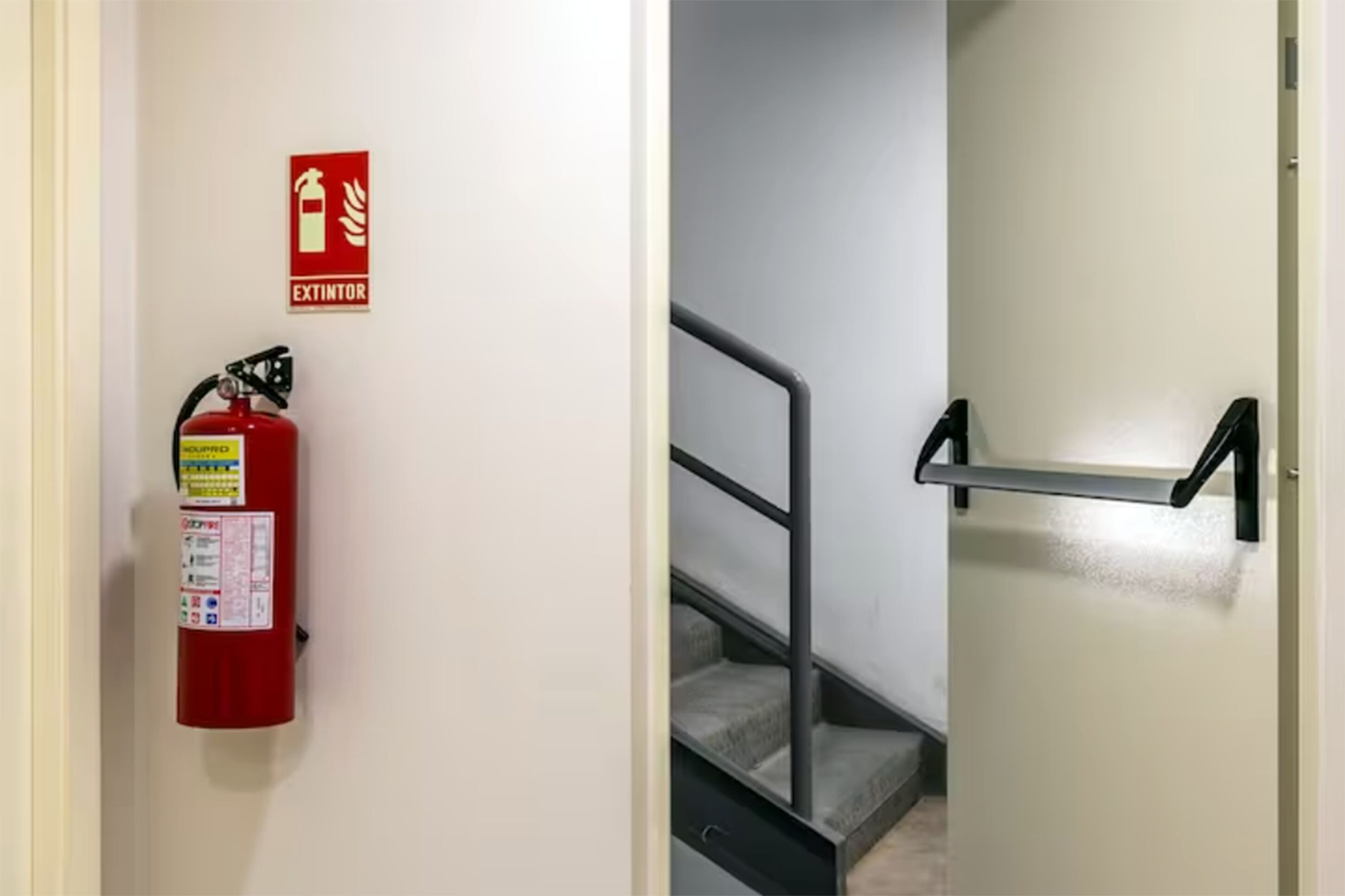 A fire extinguisher mounted on a wall and a handrail on a door.