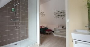 Ducha, secador de pelo, toallas y jabón