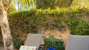 Two wicker lounge chairs with colorful cushions, a blue container, and a stone wall with greenery and flowers. - Perfect Escape - Festival close, on golf course, private salt water pool, +++! (Indio)