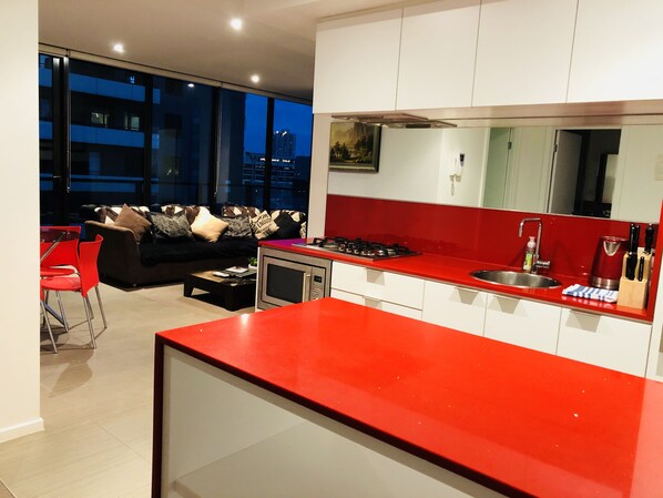 Family Apartment | Private kitchen | Full-size fridge, microwave, oven, stovetop