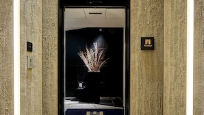 Entrada de hotel con una pared texturizada, un mostrador de recepción y un letrero que indica el nombre y la ubicación del hotel.