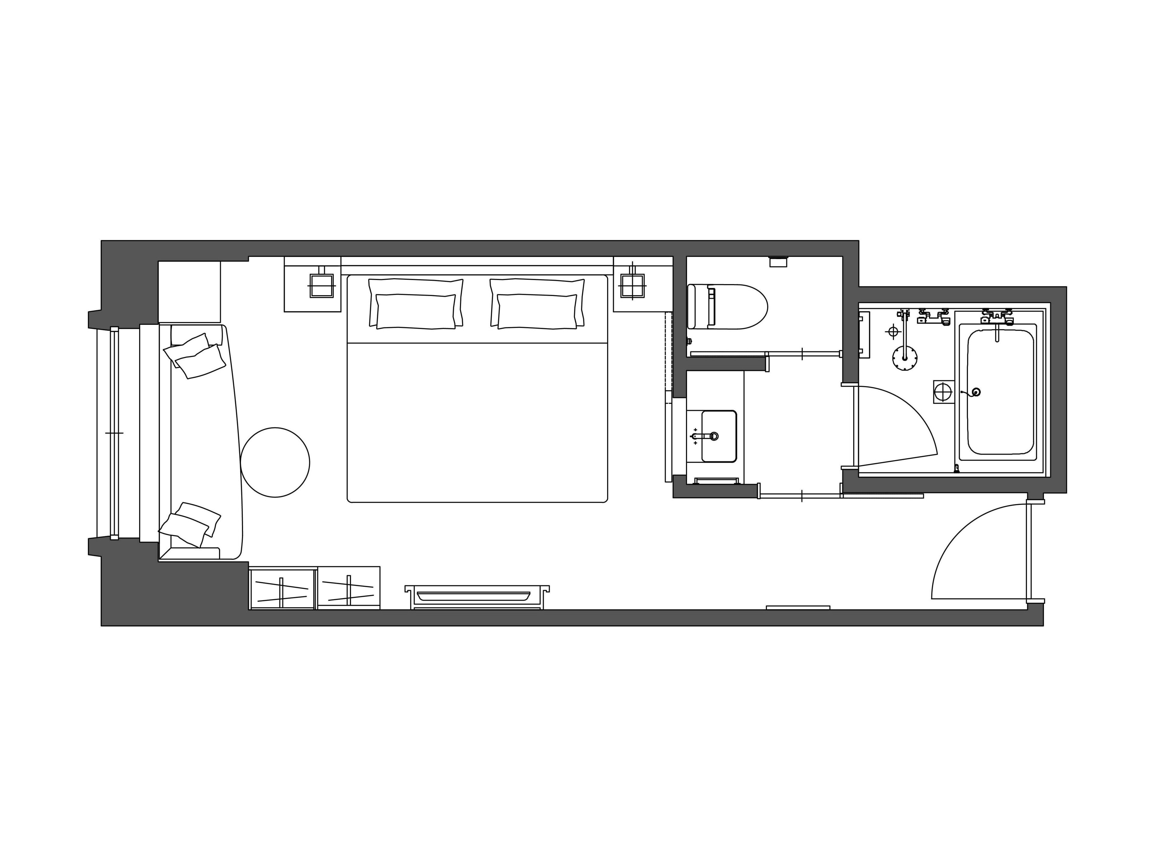 A floor plan of a hotel room with a bed, a desk, a chair, a small table, a sofa, and a bathroom with a bathtub and sink.