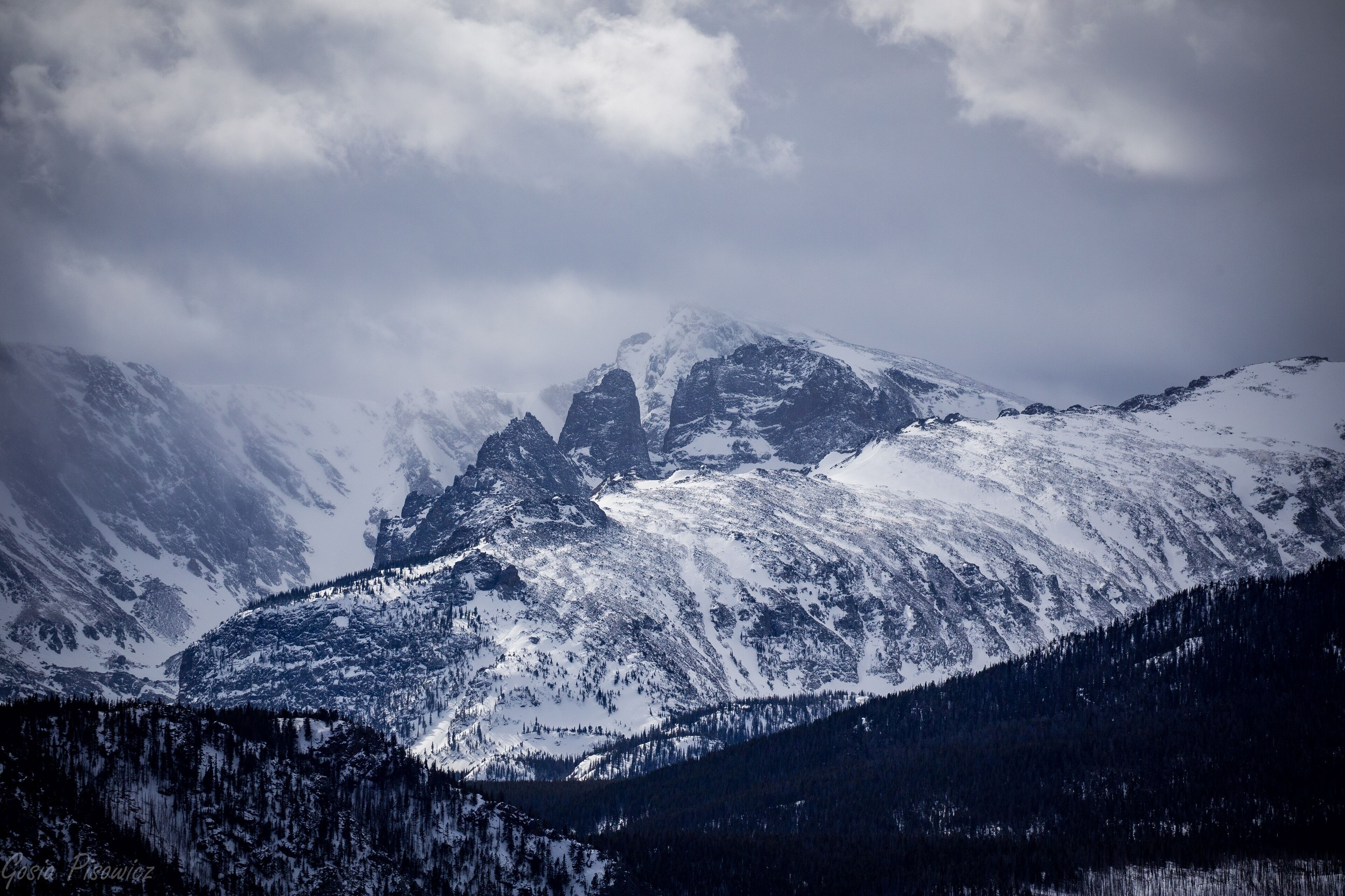 A mountainous landscape with snow-covered peaks and dense forested valleys.