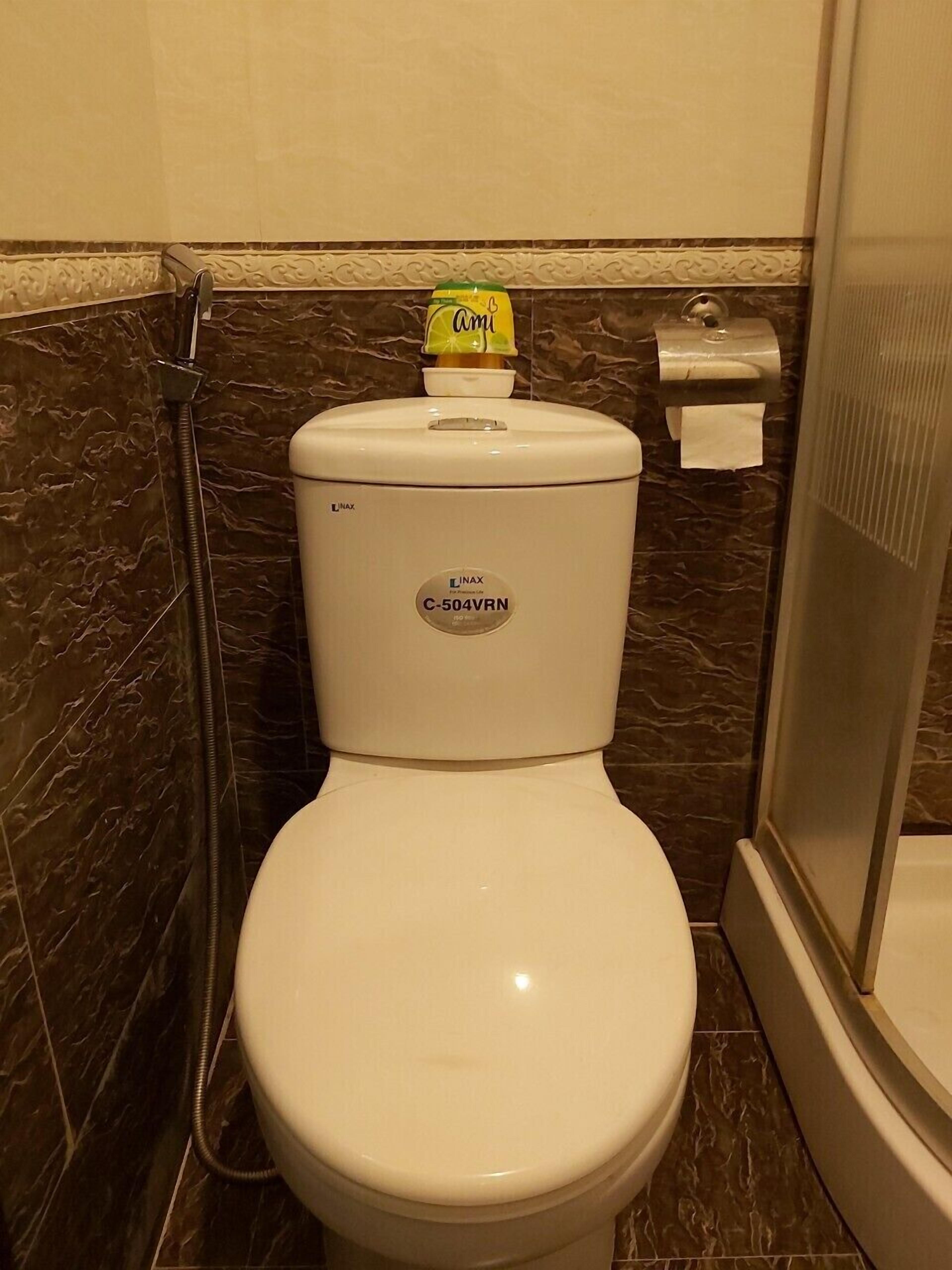 A toilet with a Linax C-504VRN model, a toilet paper holder, and a shower area.