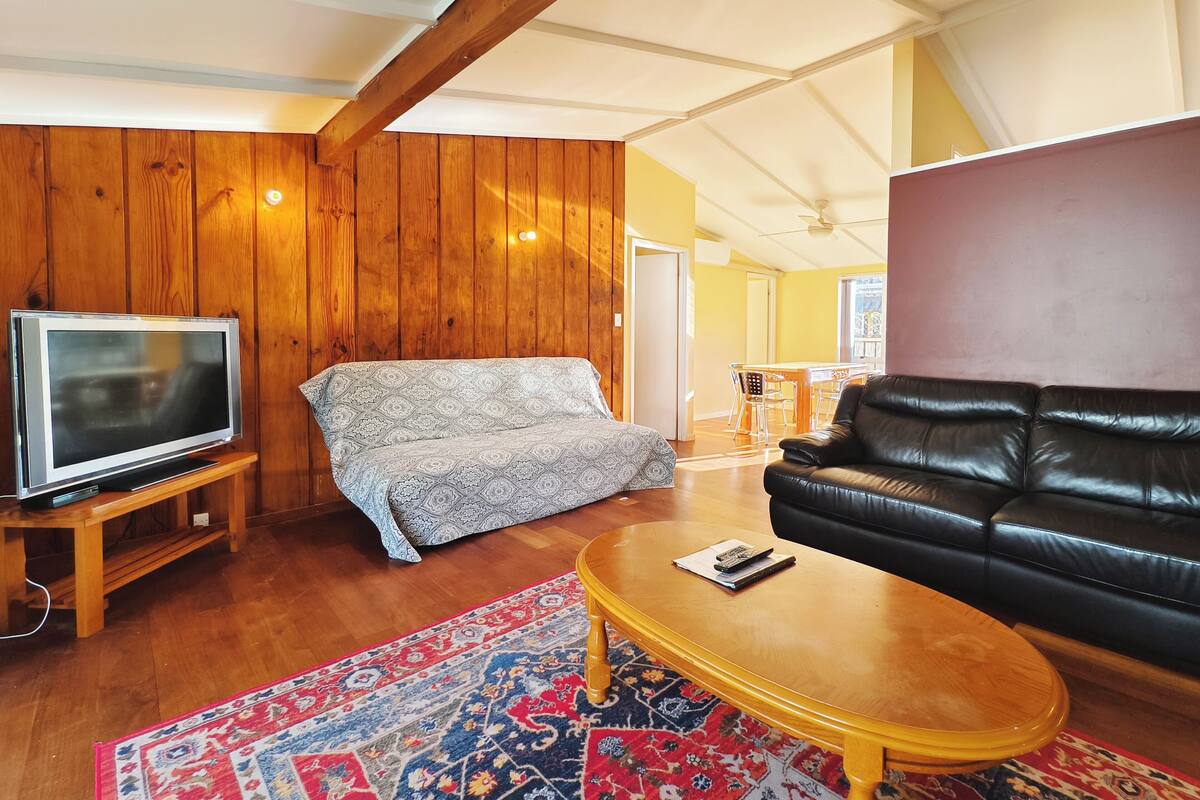 Una sala de estar con televisor, sofá, mesa de centro y alfombra estampada.