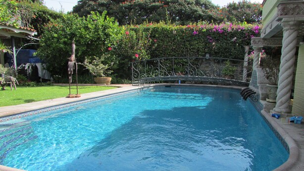 Una piscina amb aigua cristal·lina i blava, envoltada d'un jardí ple de plantes i flors diverses.