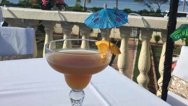 A cocktail on a table with a view of the ocean and palm trees. - Villa Ishadora (Nuku'alofa)