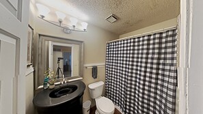 Combined shower/bathtub, hair dryer, towels, soap