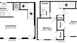 Grundriss eines Hotels mit Wohnzimmer, Küche, zwei Schlafzimmern, einem Badezimmer und einem Abstellraum unter der Treppe.