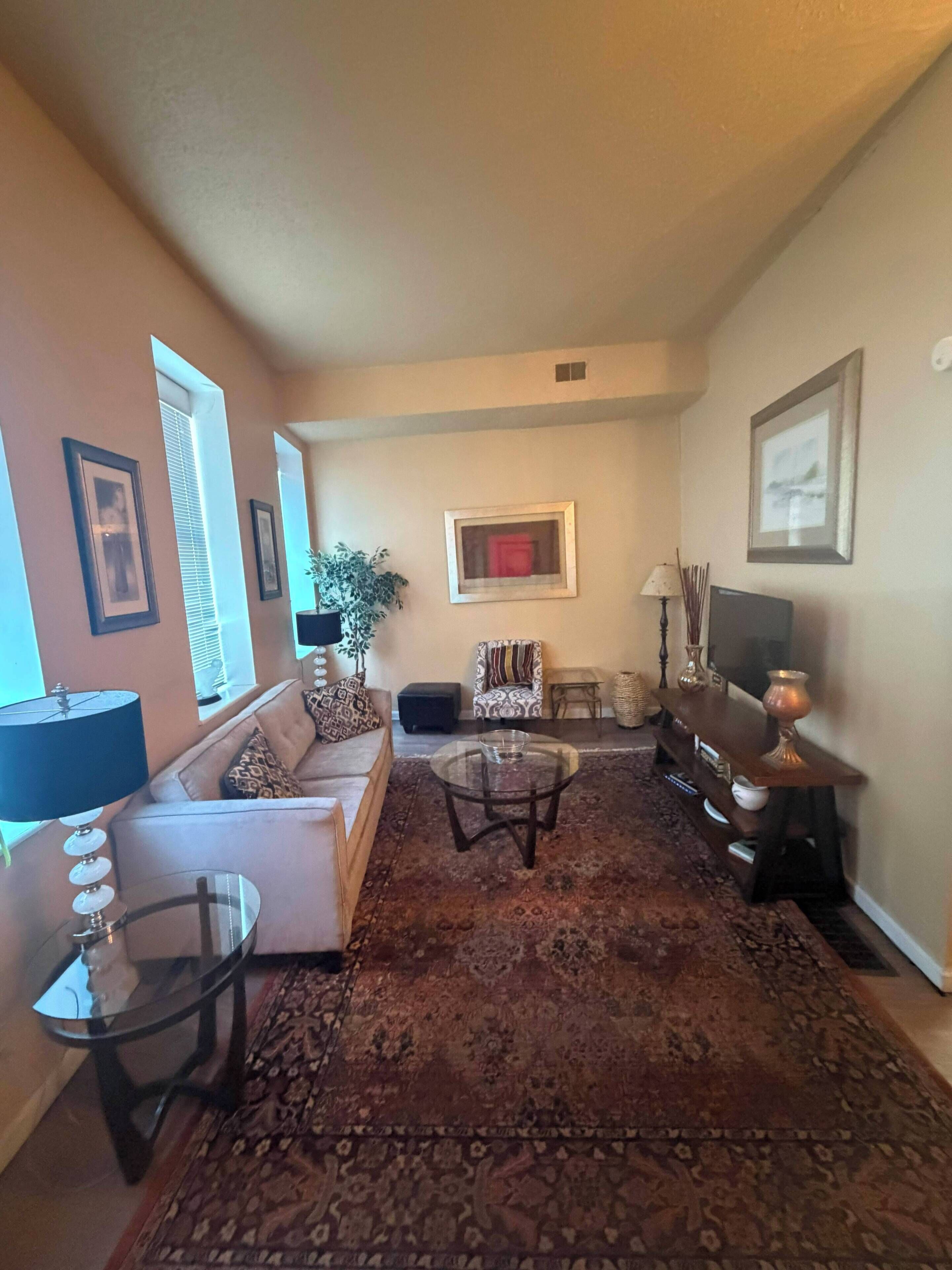 A living room with a sofa, a coffee table, a TV stand, and a patterned rug.