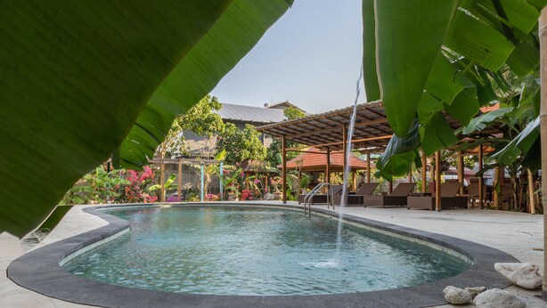 A swimming pool with a wooden deck, surrounded by lush greenery and a covered seating area. - Sanur Lodge (Denpasar)