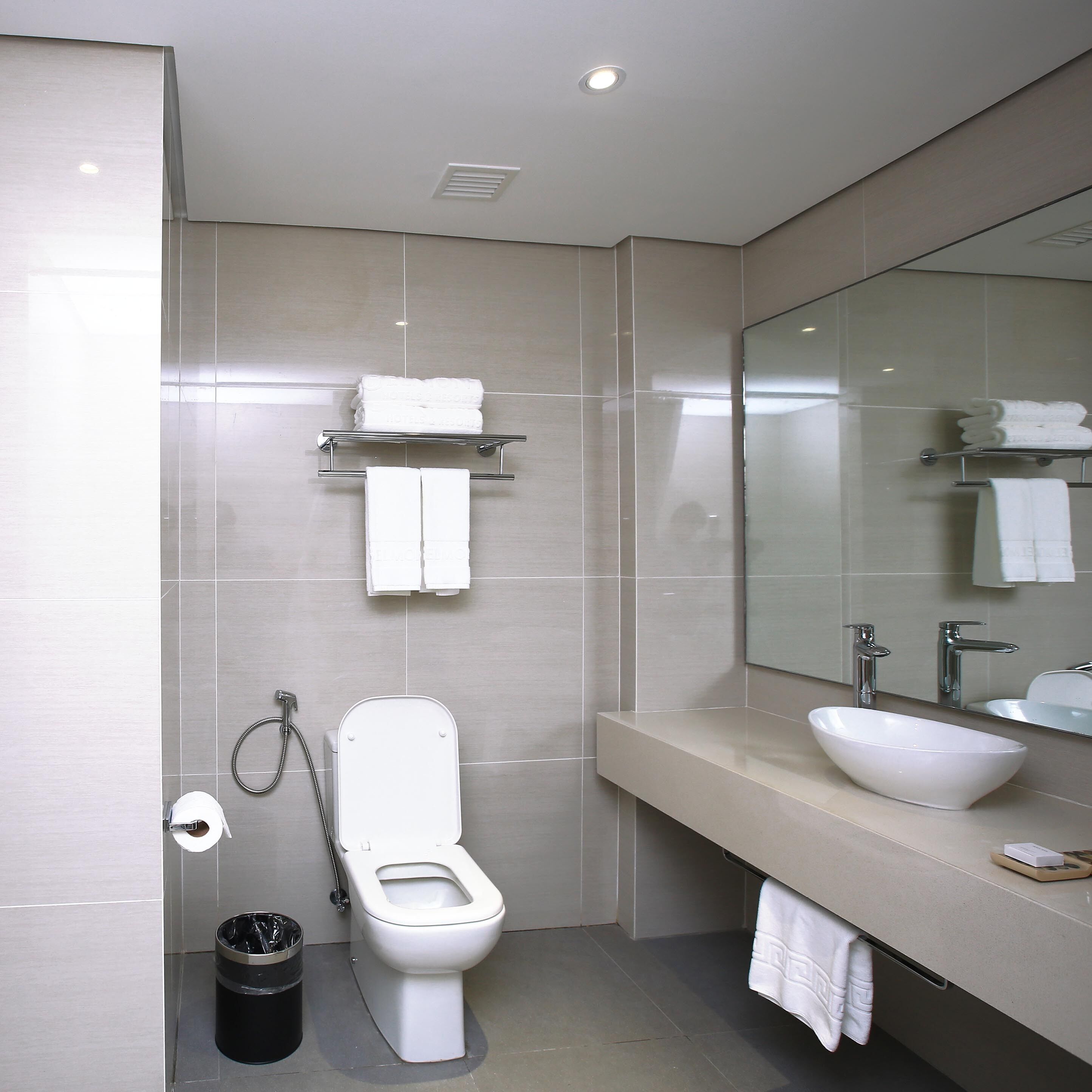 A modern bathroom with a toilet, sink, and mirror. There are towels on the wall and a trash can.