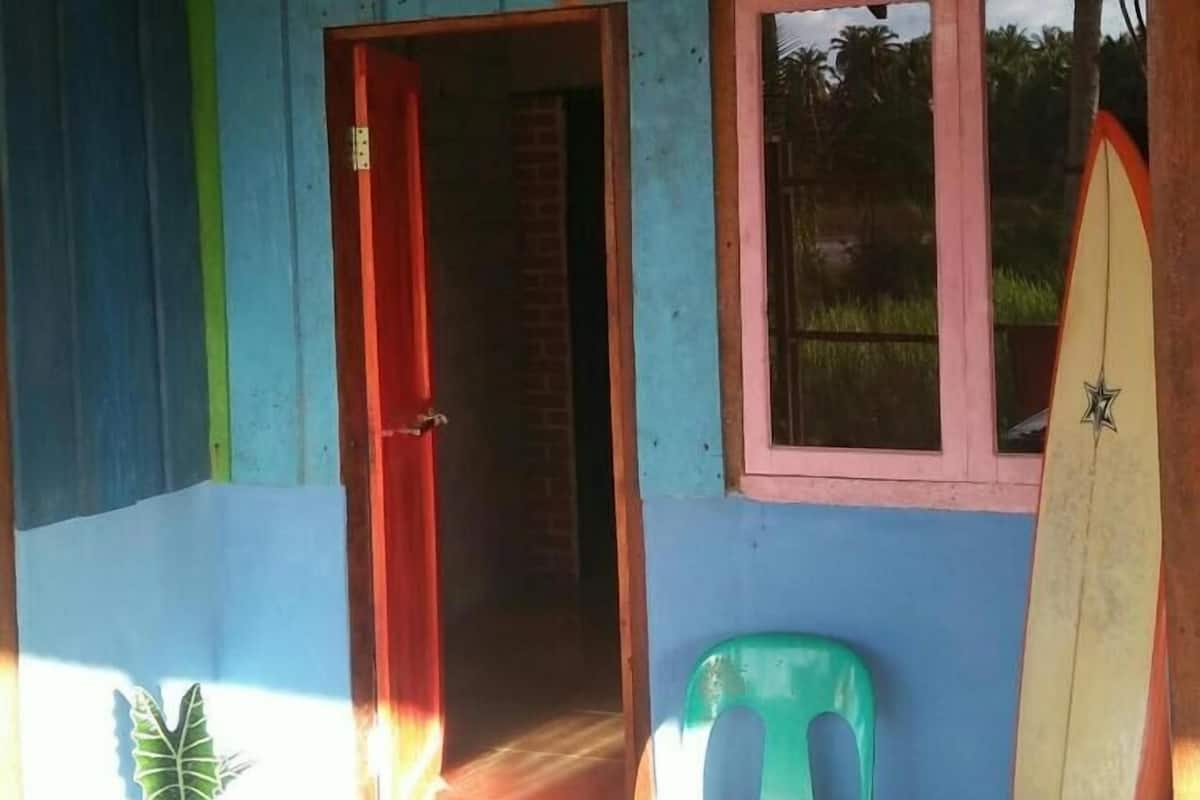 Een kamer met een blauwe wand, een rode deur, een raam, een groene stoel, een surfplank en een potplant.