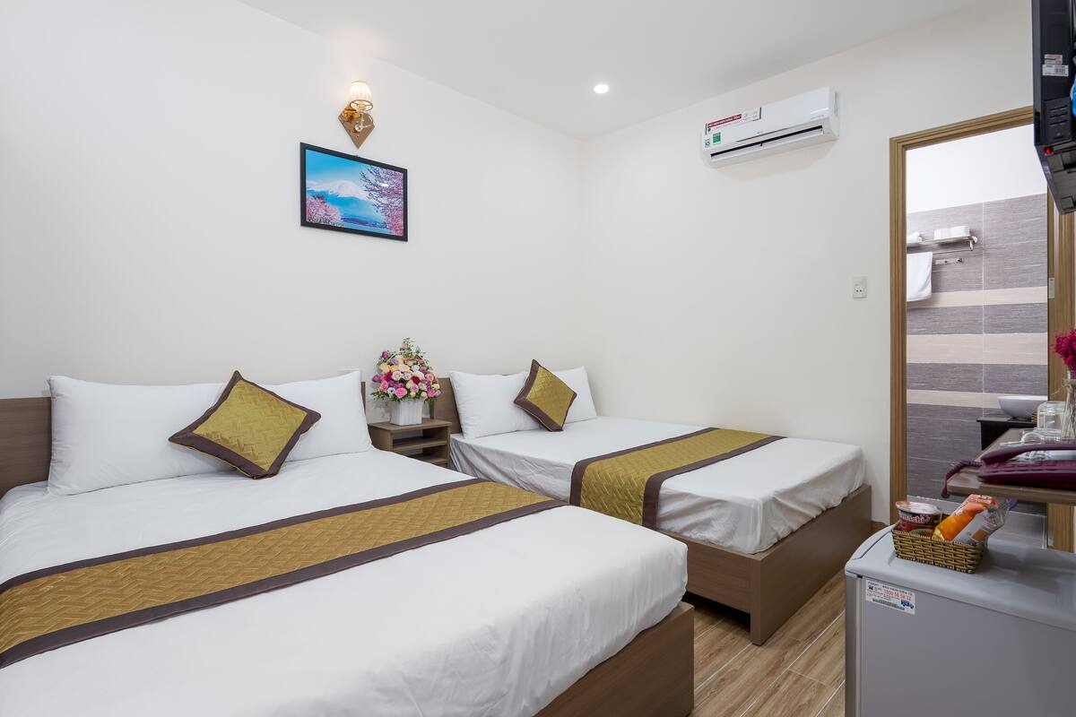 A hotel room with two beds, a small table with a vase of flowers, an air conditioning unit, and a wall-mounted TV.