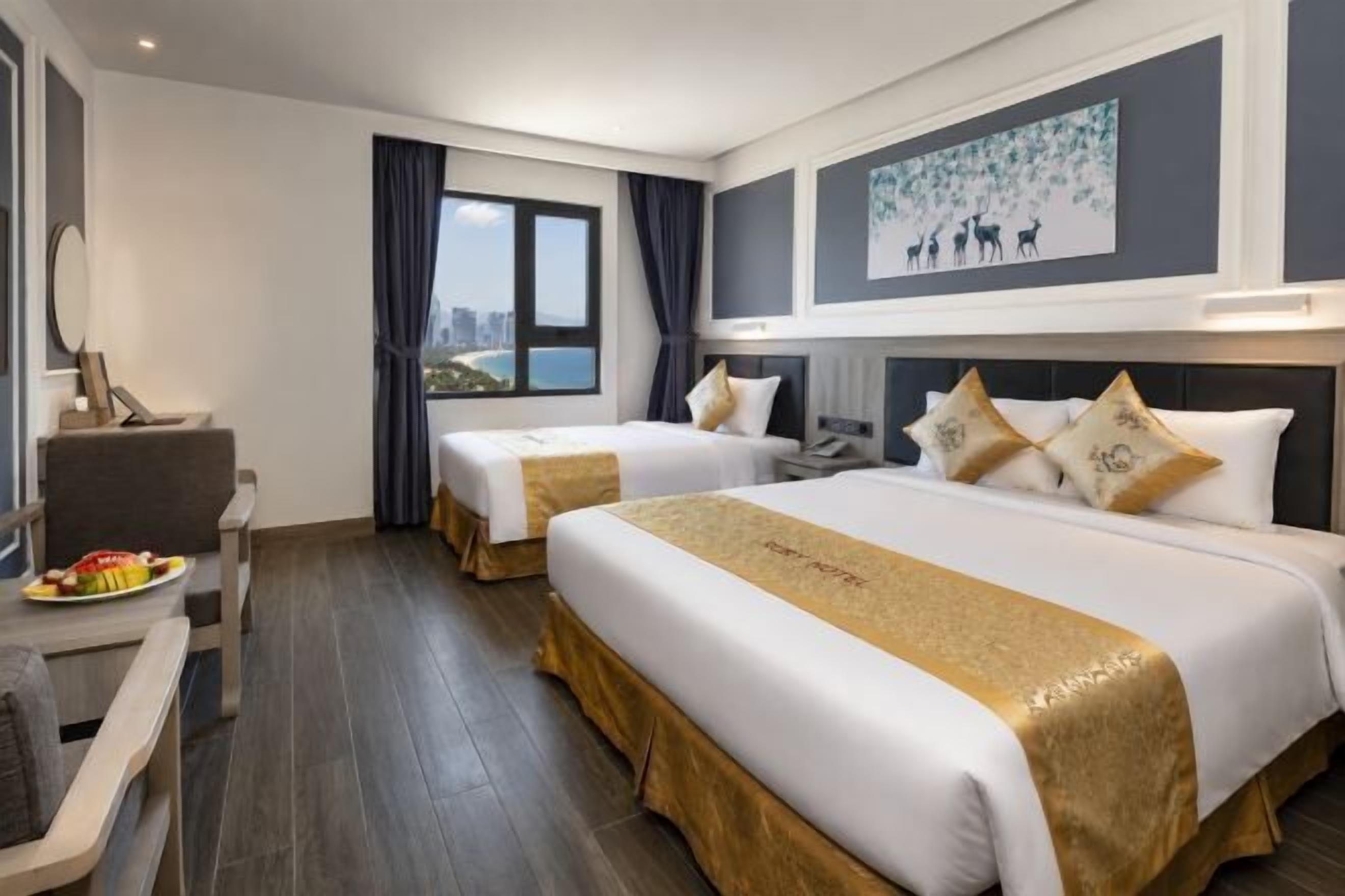 Premium bedding, down comforters, pillowtop beds, minibar