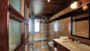 Pool View Luxury AC Room | Bathroom | Shower, free toiletries, towels - The Imperial Farm Retreat Jaipur - A weekend Gateway (Mozamabad)