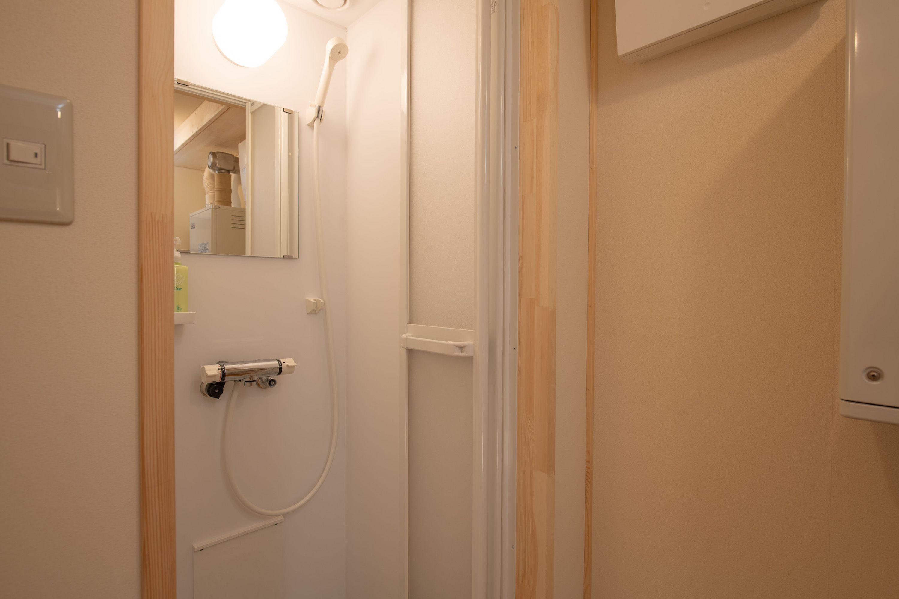 Et badeværelse med bruser, toilet og spejl.