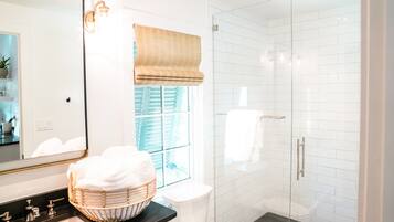 Hair dryer, towels, soap, shampoo