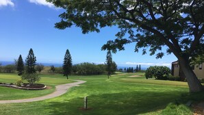 A well-maintained grassy area with a curved pathway, trees, and a building in the background. - Reserve Your 5 STAR Big Island Get-a-way ⭐⭐⭐⭐⭐ (Waikoloa Village)