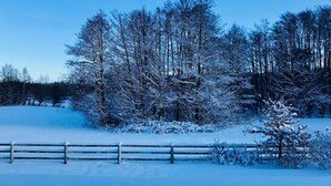 A snowy landscape with a wooden fence and leafless trees.