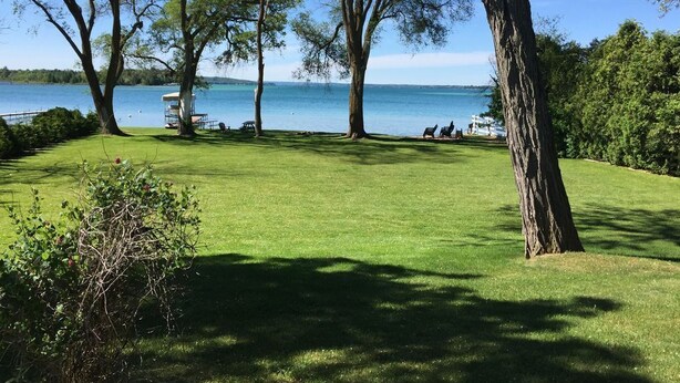 Une zone herbeuse avec des arbres et une jetée qui s’avance dans un lac.