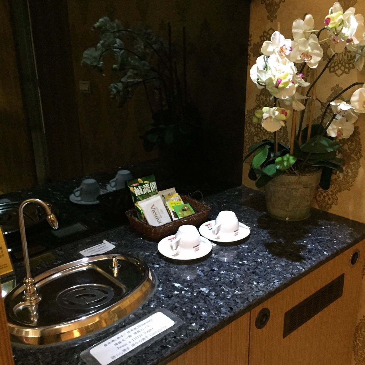 Un baño de hotel con un lavabo, una orquídea en maceta y artículos de aseo en la encimera.