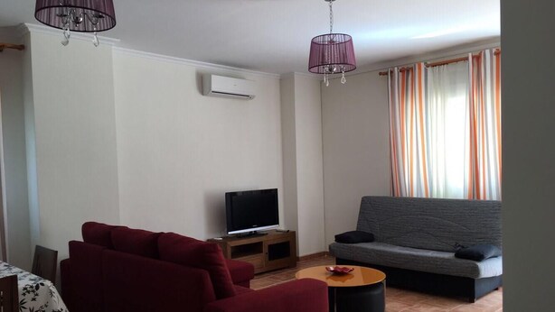 Un salon avec un canapé rouge, un canapé gris, un téléviseur posé sur un meuble en bois et une petite table ronde.