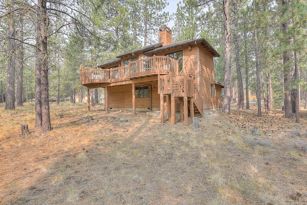 A wooden cabin with a deck and a chimney, surrounded by pine trees.