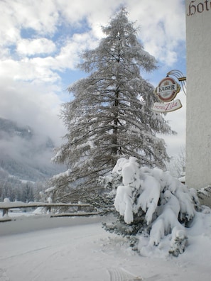 Een met sneeuw bedekte boom voor een gebouw met een bordje voor 'Hotel Zita' en 'Kaiser Beer'.