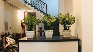 A reception area with a black counter, three patterned potted plants, a white fan, and a scooter.