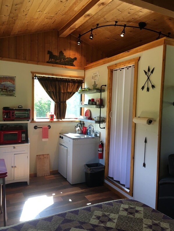 Fridge, microwave, stovetop, coffee/tea maker