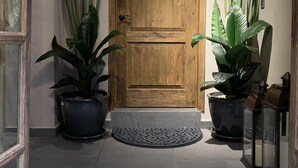 Puerta de madera con superficie texturizada, flanqueada por macetas y un felpudo decorativo.