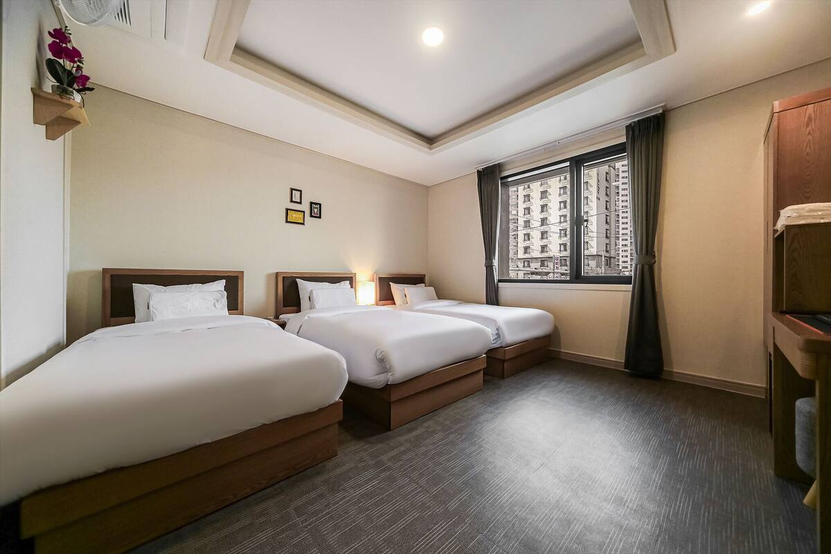A hotel room with two beds, a window with a view of buildings, a ceiling fan, and a small plant on the wall.