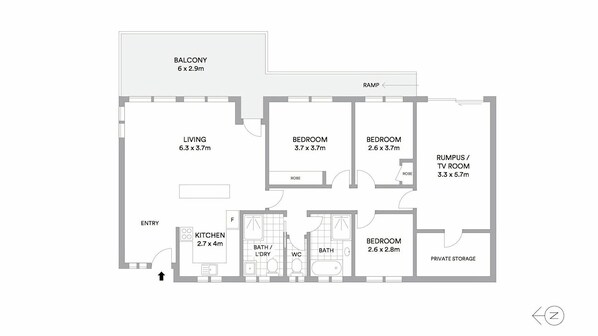 A floor plan of a residential apartment with a balcony, living room, two bedrooms, a kitchen, bathrooms, a rumpus/TV room, and private storage. - Surfside Cottage in Narrawallee (Narrawallee)