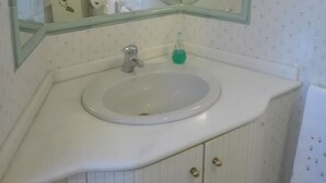 Un bany amb un lavabo blanc, un mirall i un vàter.