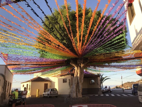 A tree decorated with colorful ribbons, a white building with a tiled roof, and parked cars. - DIRECT VIEWS OF TEIDE & SEA WITH PRIVATE TERRACE & GARDEN (Icod de los Vinos)