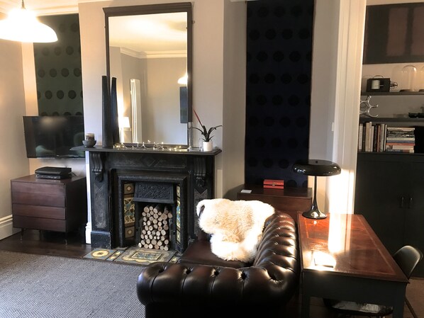 TV, fireplace, DVD player, books