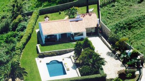 Eine Vogelperspektive zeigt ein Haus mit Schwimmbecken, umgeben von gepflegten Gärten und einer gepflasterten Auffahrt.